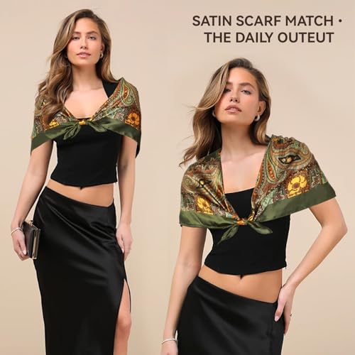 Head Scarf for Women Hair - 2 Pack 35" Square Satin Scarf, Silk Hair Scarf for Women Head Wrap for Sleeping - color: Military Green & Red