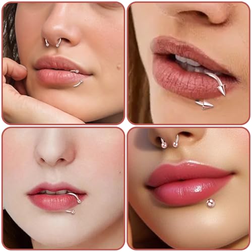 64 PCS Jewelry Lip Barbell Ring Lip Rings Vertical Labret Medusa Snake Bite Earring Piercing Jewelry Helix Earring Daith Tragus Cartilage Studs Steel for Women Men - color: Rose gold