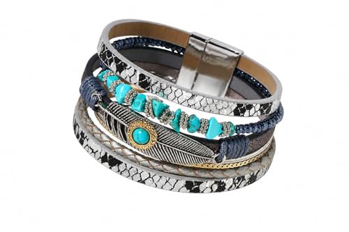 Boho Layered Bracelet for Women – Green Crystal Beaded Wrap Bracelet with Gold Clasp, Multi-Strand Hypoallergenic Statement Jewelry - color: Turquoise Multi Layer