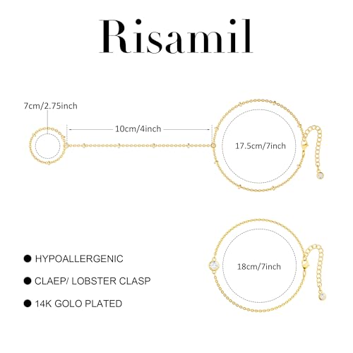 Risamil 14K Gold Plated Hand Chain Bracelets for Women Trendy, Dainty 2PCS Ring Bracelet Hand Chain Finger Bracelets Layered Stackable Link Bracelets for Women Jewelry Gifts for Women - color: BRCZ -01