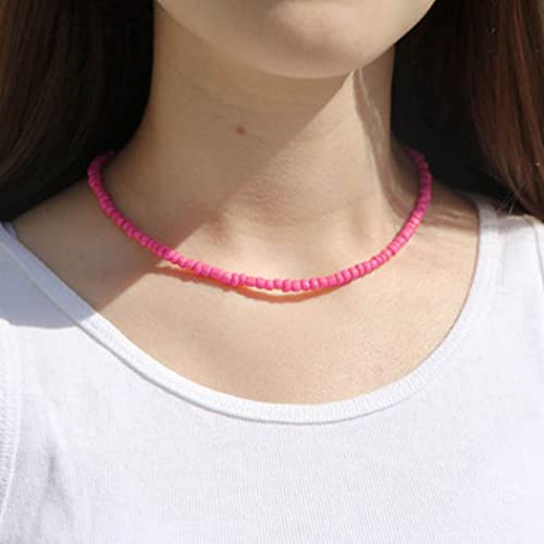 Tgirls Boho Choker Necklace Chain Rice Beaded Necklaces Seed Bead Necklace Accessory for Women - color: Pink