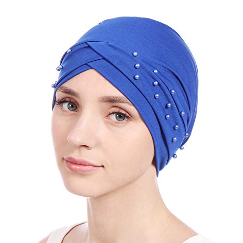 Women Beaded Silky Beanie, Pre-Tied Turban Head Wrap Cap for Chemo Chemical Cancer Hair Loss Cover Hat - color: Blue