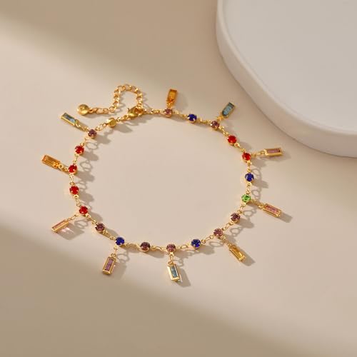 Yumikoo 18k Gold Plated Anklet Ankle Bracelets for Women - style: Colorful Round Square Diamonds