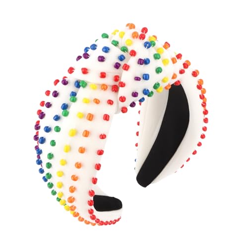 YISSION Rainbow Beaded Knotted Wide Headband for Adults - Colorful Pride Festival Hair Accessory for Parties, Celebrations & Daily Wear - color: Rainbow Colors