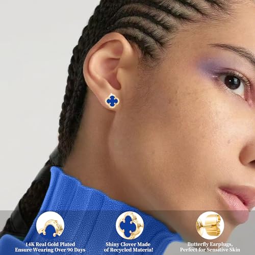 Elegant Black Onyx Clover Stud Earrings, 14K Gold Plated Four Leaf Hypoallergeinc Stud Stainless Steel Flower Earring Lucky Simple Jewelry Gift for Women Shiny Multiple Onyx Colors - color: Sapphire Blue Clover Stud Earrings