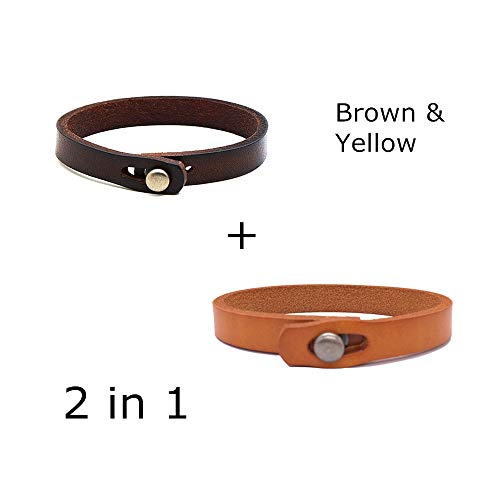 Mens Genuine Leather Bracelet - Handmade Adjustable Leather Cuff Bracelet punk Style leather wrap Wristband for Men - color: A-(Brown + Yellow)