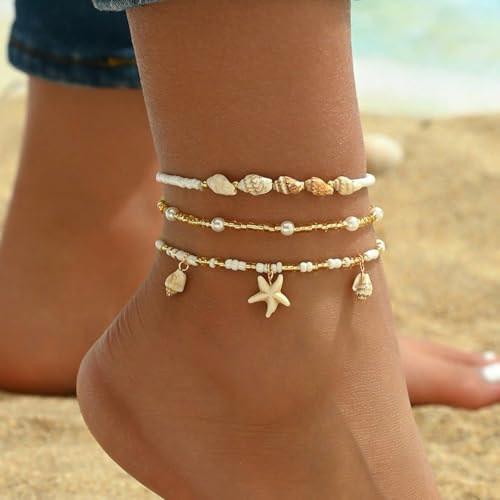 Qceasiy Shell Ankle Bracelet Set for Women, Gold Plated Boho Bead Adjustable Anklet, Hawaiian Beach Seashell Pearl Heart Starfish Conch Foot Jewelry Gifts - color: Conch Starfish 3Pcs