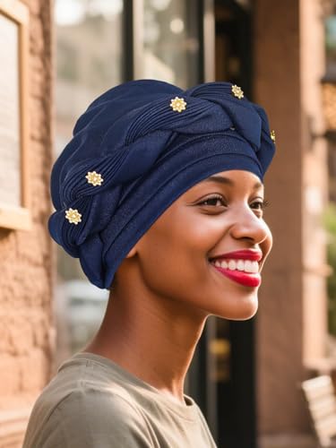 Woeoe Women African Turban Pre-Tied Twisted Beanie Cap Headwear Rhinestone Soft Stretchy Head Turbans - color: Navy Blue