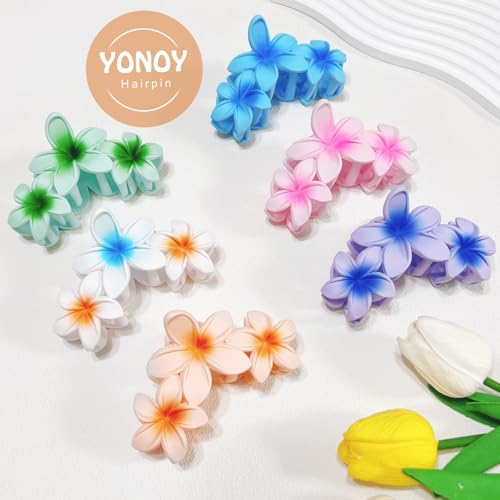 YONOY 6Pcs Flower Hair Clips for Women,Non-Slip Matte Flower Hair Clips for Women,Hawaiian Hair Flower Clip Large Plumeria Strong Hold Hair Claws Banana Cute Clip Beach Hair Accessories - color: Color F