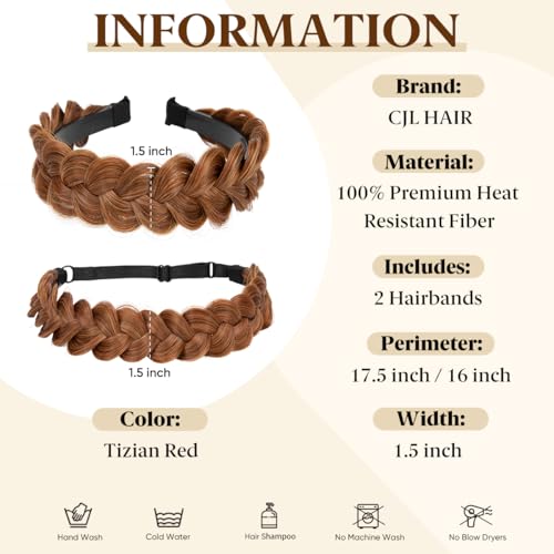 CJL HAIR 2PCs Braided Headbands Hair Piece for Women Synthetic Hair Hoops Head Bands Handmade Braid Hairband Accessories Elastic Stretch Headwrap Tizian Red - color: 2PCS-Tizian Red