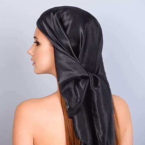 SATINIOR 35 Inch Silky Head Scarf 2 Pcs Large Square Neck Scarf Sleeping Hair Wrapping Satin Bandana for Women - color: Black, style: Classic