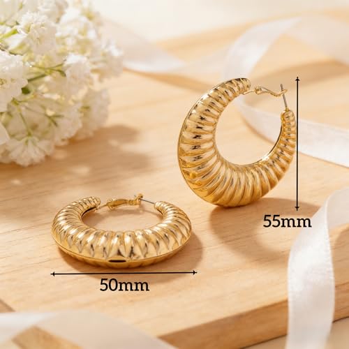 Gold Textured Hoop Earrings for Women, Lightweight Chunky Gold Hoop Earrings with 3D Ribbed Texture, Hypoallergenic Large Round Hoop Jewelry for Daily Party Wear