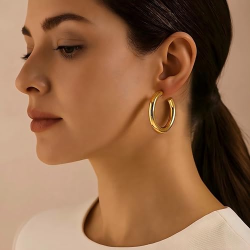 12 Pairs Chunky Gold Hoop Earrings for Women Trendy, Gold Plated Lightweight Hypoallergenic Stack, Thick Open Twisted Huggie Hoops Earring Set - color: 12 Pairs Gold Hoop