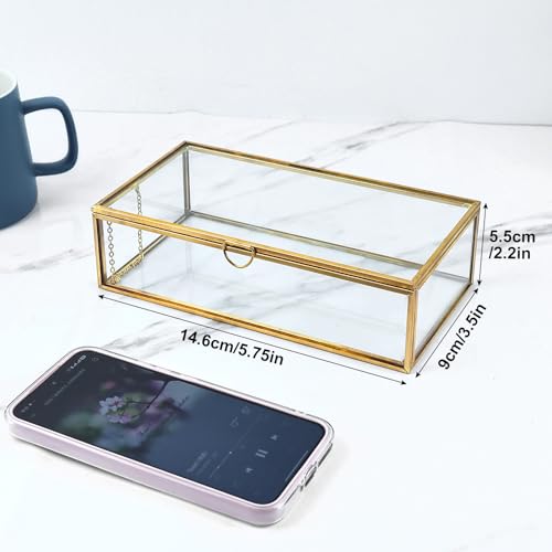 HighFree Vintage Glass Box with Lid - Clear Jewelry Glass Display Box Keepsake Box - Home Decor Decorative Box for Trinket Rings Bracelet (Gold, Medium) - color: Gold, size: Medium