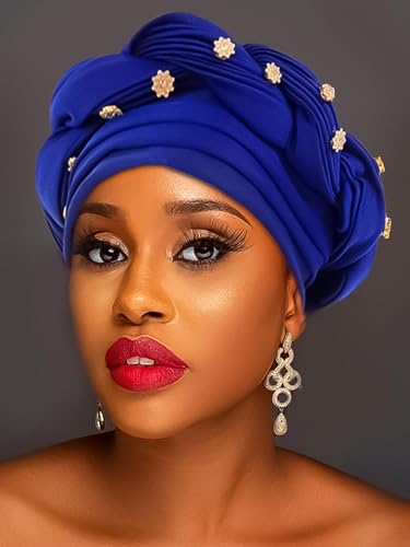 Woeoe Women African Turban Pre-Tied Twisted Beanie Cap Headwear Rhinestone Soft Stretchy Head Turbans - color: Royal Blue