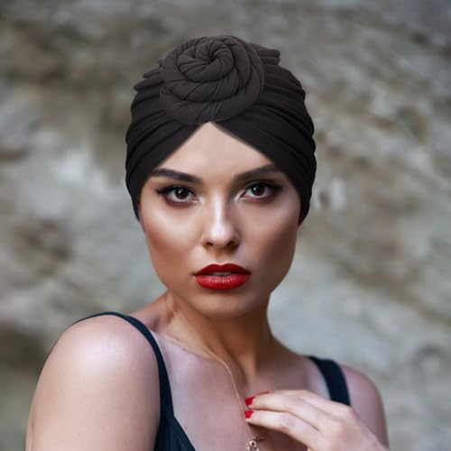 DRESHOW 5 Pack Knotted Headwraps for Women African Turban Pre-Knotted Beanie Headwraps Hair Covers - color: 5 Pack Donuts: White, Khaki, Army Green, Dark Red, Black