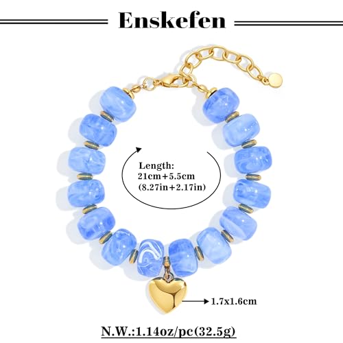 Chunky Beaded Bracelets for Women Boho Multicolor Acrylic Resin Beads Bracelet Adjustable Statement Bracelet Summer Beaded Jewelry - color: Heart beads bracelet-light blue