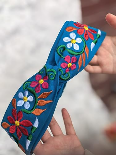 FANFAN Blue Floral Embroidered Boho Braided Elastic Headband Beach Wedding Party Hair Accessory E9 - color: Blue