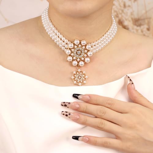 Bethynas Boho Layered Pearl Rhinestones Choker Necklace Vintage Chunky Pearl Crystal Pendant Short Necklace Chain Bridal Prom 1920s Costume Party Jewelry for Women - color: Pearl 4