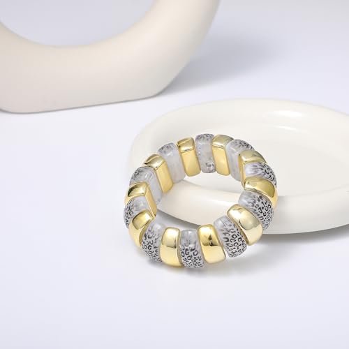 GOOJIDS Simple Beaded Gold Plated Bangles Bracelet Chunky Bamboo Tube Curved Stacking Clear Acrylic Colorful Beads Stretchable Gold Plated Bracelets Set For Women - color: B-Gold&White Leopard