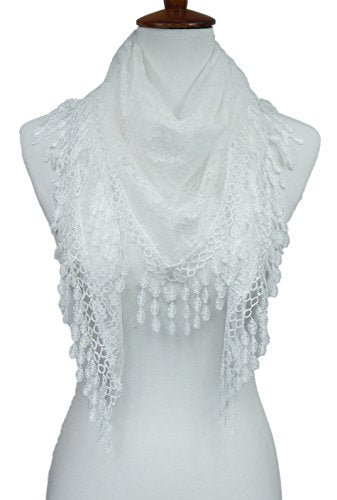 Cindy & Wendy Floral Embroidered Lace Triangle Scarf for Women - color: White-8xh