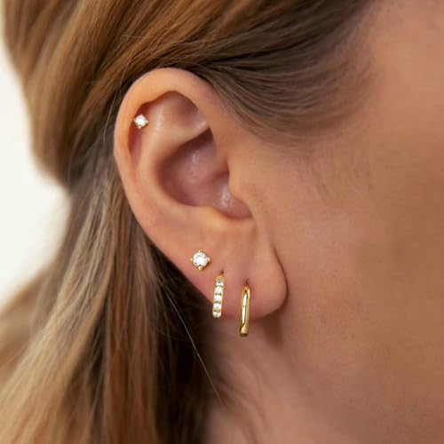 Gold Hoop Earrings Set: Dainty Stud Earrings 14K Gold Plated Earrings for Women Trendy Hypoallergenic Gold Stud Earrings 3-4mm Cubic Zirconia Cartilage Piercing Gold Jewelry for Women Gifts - color: Gold-CZ-3mm