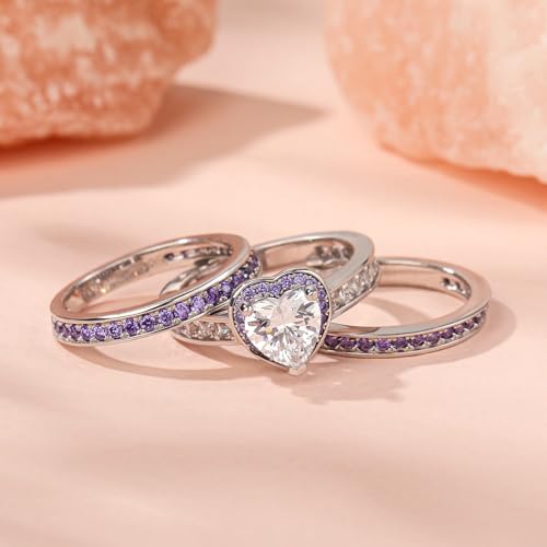 Jeulia Engagement Interchangeable Ring Set for Women Heart Cut Sterling Silver Wedding Promise Brilliant Classic Band Fashion Anniversary Rose Gold Halo Diamond Bridal with Jewelry Box - color: Purple