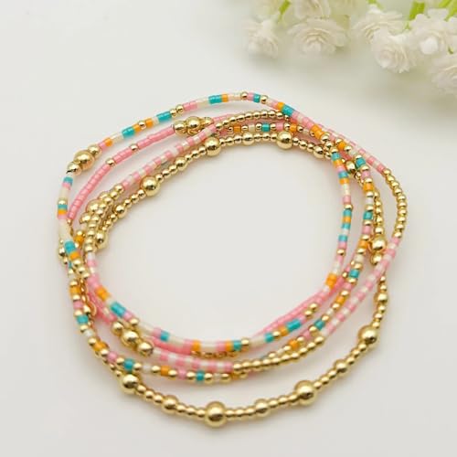 14K Gold Plated Beaded Bracelets Stack Set for Women,Stretch Boho Colorful Beads Ball Jewelry Friendship Summer Trendy - color: Gold pink