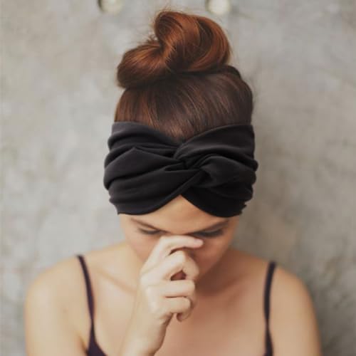AQOKKA Extra Wide Headbands for Women Large Turban Headband Non Slip Boho Elastic Hairband Hair Twisted Knot Head Bands Accessories - color: 4 Pcs E: Plain Black