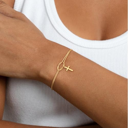 NECOCY Mothers Day Gifts Cross Bracelet for Women, Dainty 14K Gold/Silver Plated Pearl Cross Chain Bracelet Religious Christian Baptism Jesus Catholic Bracelet Jewelry Gift for Mom Wife Daughter - style: Style-2