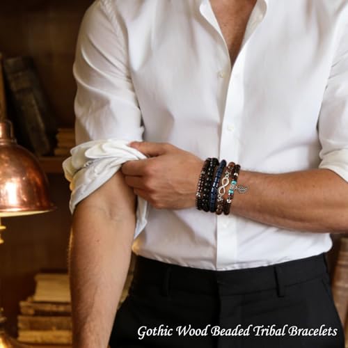 Punk Braided Leather Bracelets for Men Women Gothic Wood Beaded Tribal Wrap Wristband Grunge Emo Multilayer Adjustable Mens Bracelet in Black Brown Fathers Day Gift - color: Star