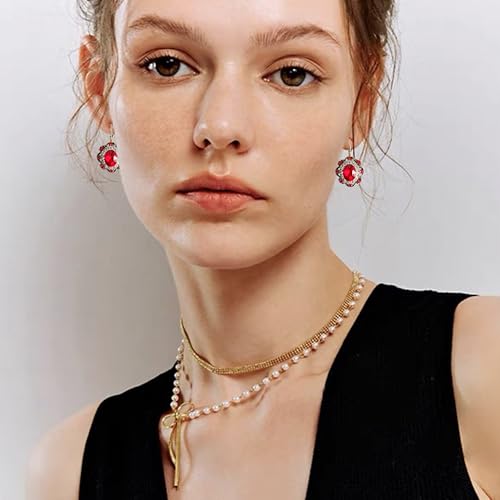 Handmade Bohemian Vintage Gold Sparkly Crystal Round Flower Leverback Earrings Cute Rhinestone Geometry Dangle Drop Earring for Women - color: Red