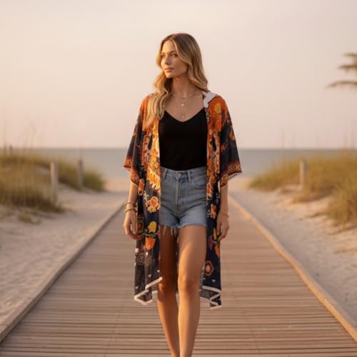 Kimonos for Women Casual Swimsuit Coverup Lightweight Boho Kimono Cardigans for Summer - color: Rz-autumn Noir