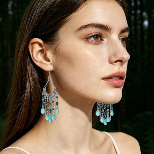 Boho Turquoise Drop Earrings Retro Long Copper Feather Tasse Metal Leaf Dangle Earrings Vintage Country Western Jewelry Cowgirl Ethnic Style Geometric Concert Festival Accessories for Women - color: Blue