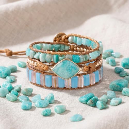 YGLINE Natural Stone Bracelet 5 Wraps Bracelet Handmade Blue Color Boho Bracelet for Women Bracelet - color: amazonite 2
