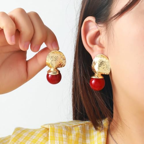 Red Ball Dangle Earrings for Women Boho Hammered Round Circle Bead Statement Charms Drop Earrings Fashion Christmas Holiday Festival Dress Accessories Jewelry Gifts - color: Gold
