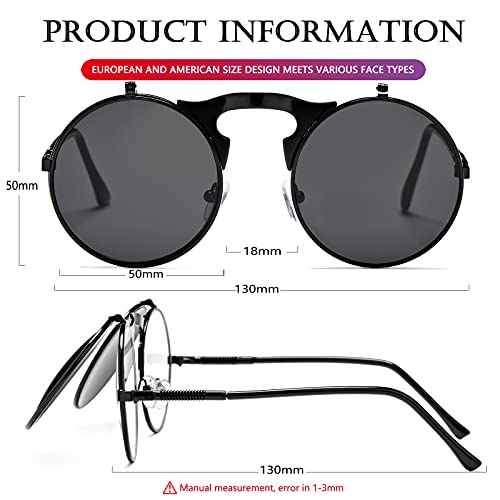 AIEYEZO Round Flip Up Sunglasses for Men and Women Rave Flip Glasses 90's Retro Steampunk Style - color: A2 Black/Grey