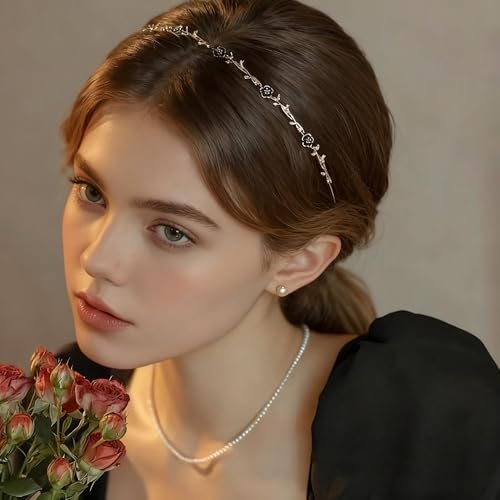 4 Pcs Dainty Gold Headbands for Women, Thin Rhinestone Floral Hairbands, Sparkly Crystal Pearl Bow Hair Hoops, Fairycore Bridal Wedding Hair Accessories, Black & Gold - color: Floralbow