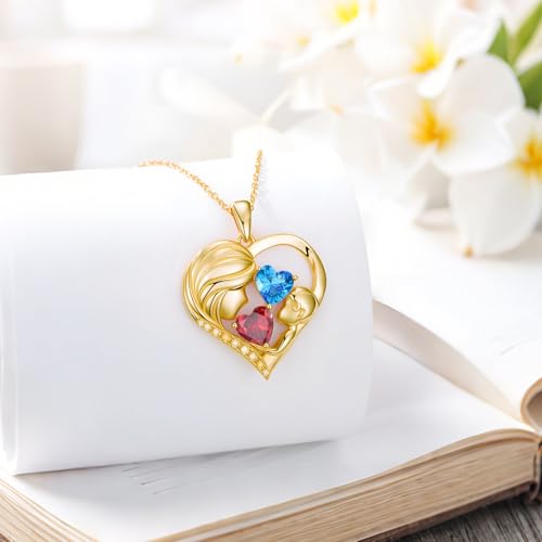 Mothers Day Gifts 14K Yellow Gold Mother Daughter Heart Pendant Necklace with 12 Months Birthstone Birthday Gifts for Mom Anniversarry Jewelry for Mom Wife Girlfriend - color: 01-12-Jan-Dec Birthstone