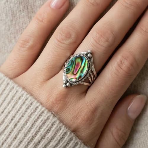 Handmade 925 Sterling Silver Plated Ring Natural Gemstone Carnelian, Rose Quartz, Tiger Eye, Crystal Oval Boho Jewelry For Women - color: Abalone Shell