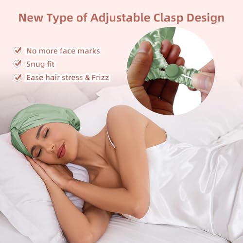 Adjustable Silk Satin Hair Bonnet for Sleeping Women, Double Layer, Silk Hair Wrap for Sleeping Women Men, Curly Natural Braid Straight Unisex - Green - color: Green