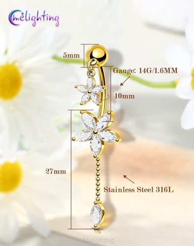 Melighting 14G Lotus Belly Button Ring, Dangle Belly Ring Surgical Steel 316L, Reverse Navel Piercing Jewelry, 10 mm Silver Flower Body Jewellery for Women - style: Gold Lotus