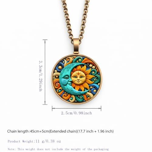 1pc Stunning Round Pendant Necklace - Unique Sun & Moon Pattern, Oil Painting Style Glass Mosaic, Alloy Construction, Trendy Sweater Chain, Fashionable Gift for Women - Christmas or Birthday Gift - color: Orange Sun/Blue Moon (Bronze)