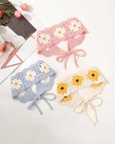 HAIMEIKANG Hippie Hair Bandanas Headbands for Women Boho Headband Knit Hair Bands Floral Head Wrap for Girls(Beige+Blue+Pink) - color: Beige+Blue+Pink
