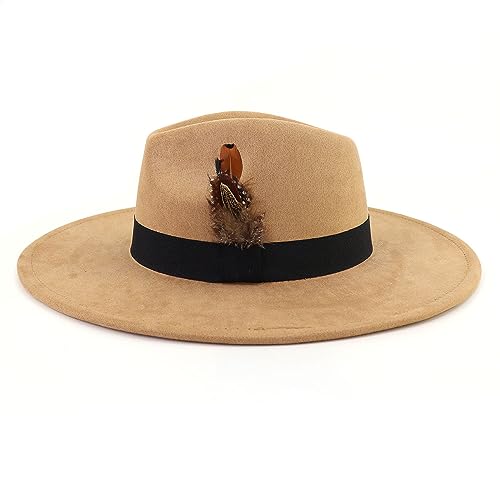 LIDHAY Big Wide Brim Fedora Hats for Women Men Western Suede Hat Panama Hat Outdoor Hats - color: Camel