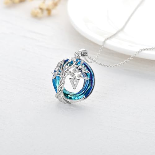 TOUPOP Gifts for Women Tree of Life Initial Necklace 925 Sterling Silver Letter Pendant with Blue Crystal Birthday Jewelry Gifts for Women Her Mom Wife Daughter - color: Tree of Life V Initial