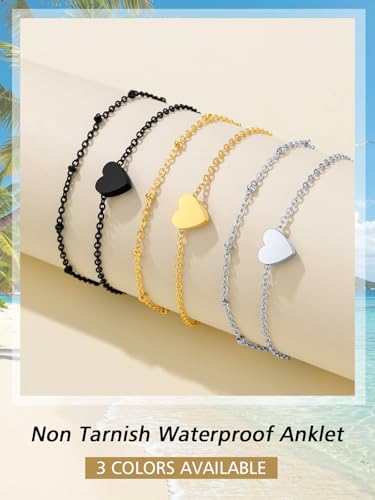 FindChic Stainless Steel Ankle Bracelets for Women, Waterproof Figaro/Cuban/Box/Beaded Chain Anklets, Summer Beach Foot Jewelry, 8.5''-10.5'' Adjustable Length, with Gift Box - style: Layered Heart Charm-Gold
