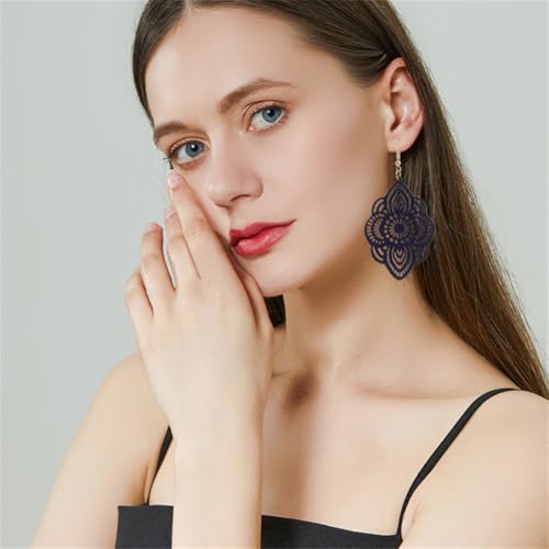 Bohemian Wood Earrings Natural Retro Lightweight Hollow Pattern Geometric Wooden Dangle Drop Earrings Statement Vintage Jewelry - color: Blue Earrings