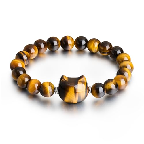 Beaded Bracelets for Women, Black Obsidian Money Attraction Bracelet, 8mm Healing Relax Anxiety Luck Crystal Bead Bracelets, Adjustable Jewelry Feng Shui Stretch Bracelet Cat Lover Gifts for Women Men - color: Tyger Eye Cat
