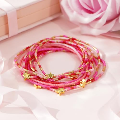 Dainty Gold Beaded Star Bracelets Stack for Women,Handmade Boho Colorful Beads Bracelet Fashion Prom Holiday Jewelry Gift Friendship Family - color: Pink